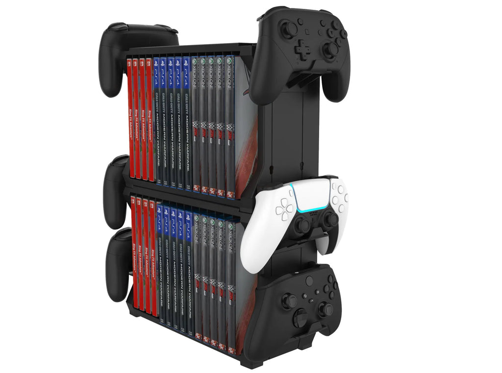 Black ABS PS5 disc holder storing game cases and four controllers for multiple consoles.