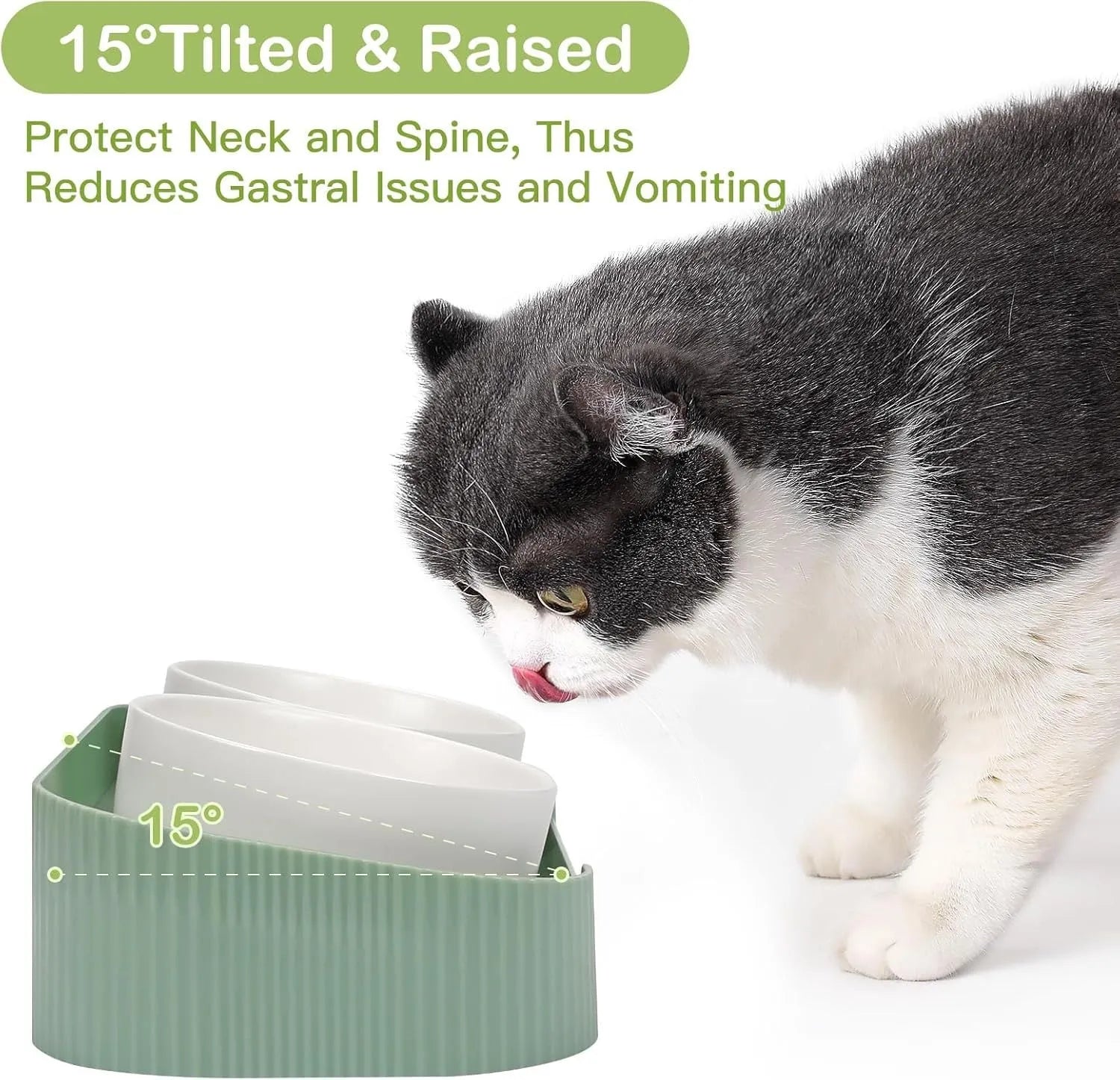 Green ceramic elevated cat bowl set with two bowls on a tilted stand.