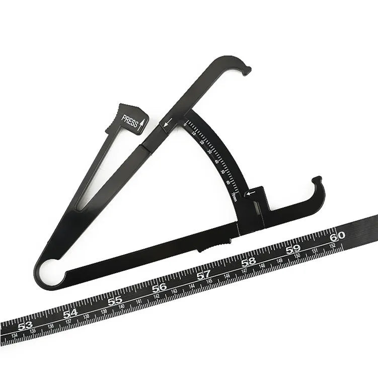 Black ABS plastic body fat skinfold caliper with measurement scale.