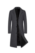 Men's wool mid-length trench coat in solid black, slim fit, 65cm length, sizes M to 5XL
