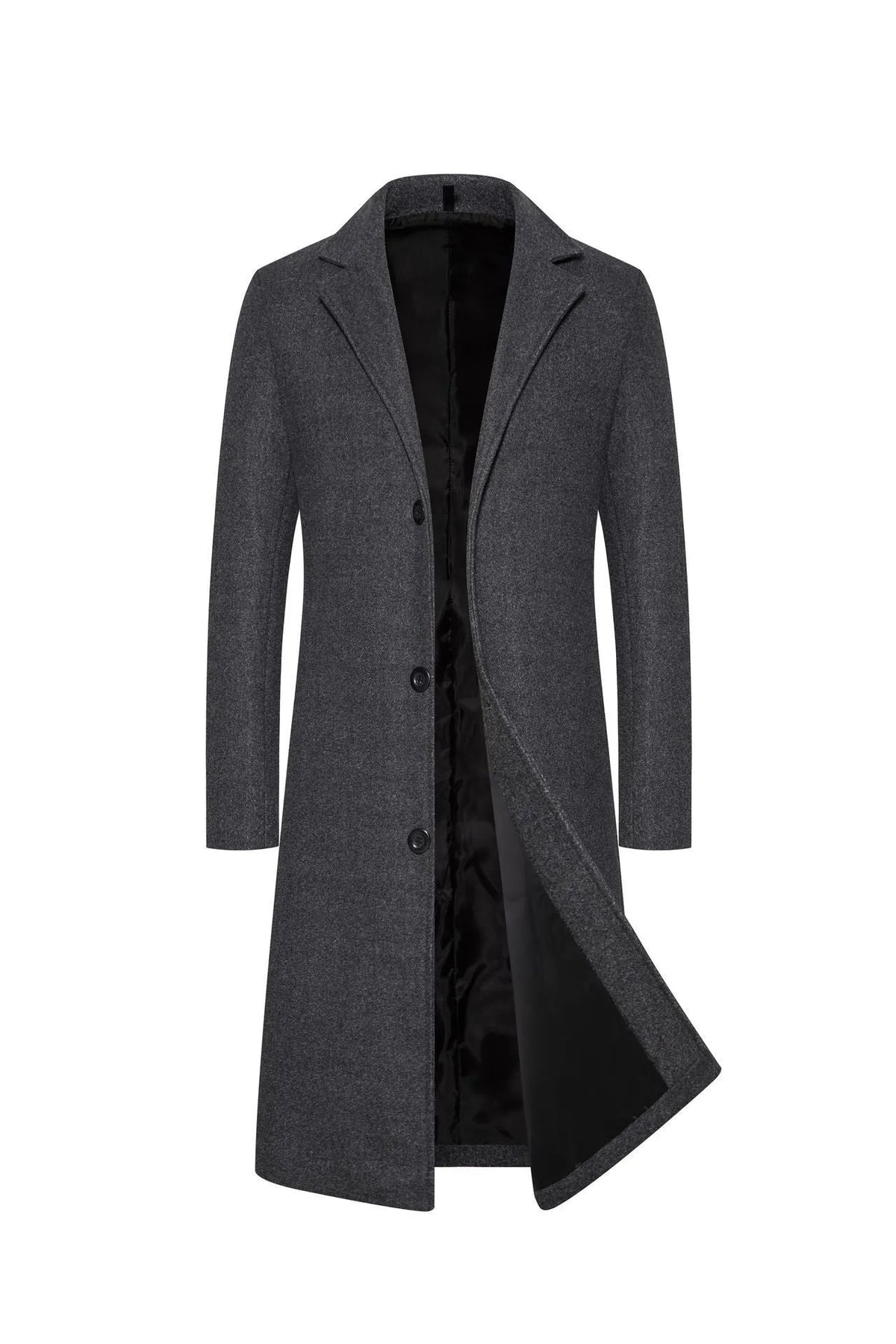 Men's wool mid-length trench coat in solid black, slim fit, 65cm length, sizes M to 5XL