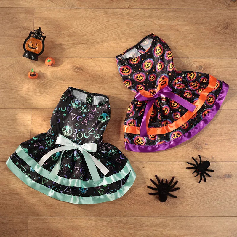 Halloween dog skirt with colourful pumpkin pattern, double-layer polyester construction