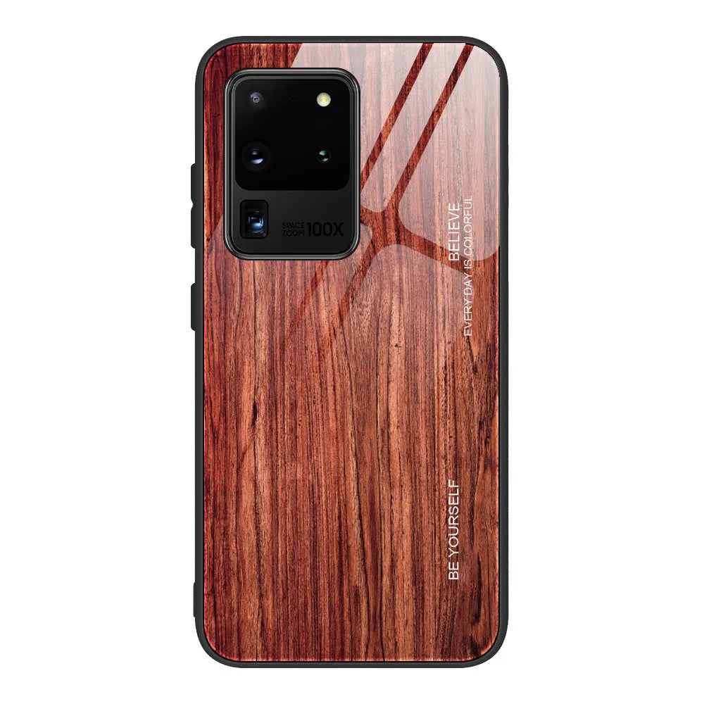 Wood grain tempered glass phone case for Samsung, back cover in six colours