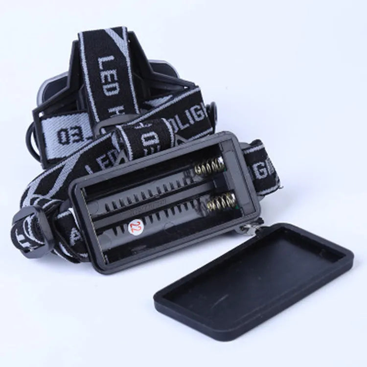Fixed focus LED head torch for outdoor camping with long-range illumination.