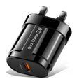 Compact white and black smart mobile phone chargers with UK, US, and EU plug options.