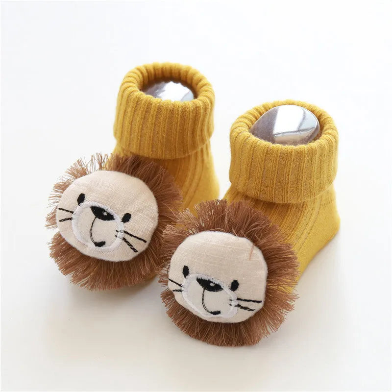 Cotton baby floor socks with anti-slip soles in animal designs for infants and toddlers