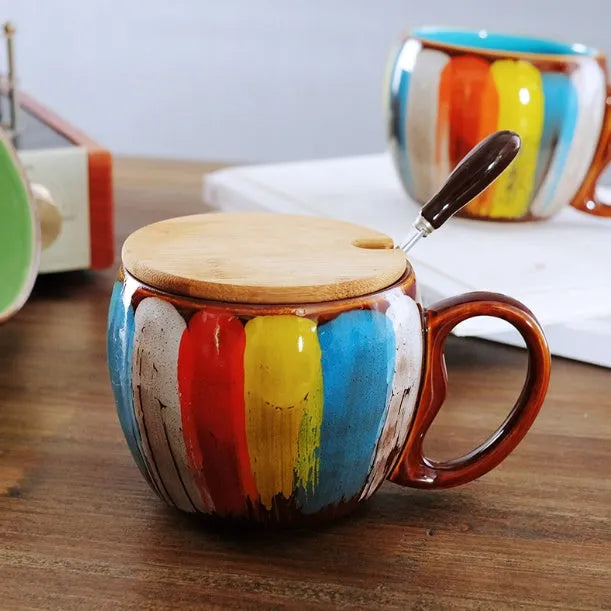 Handmade ceramic cup with lid and spoon, 350ml European style mug in vibrant blue, bright green, yellow, or pink