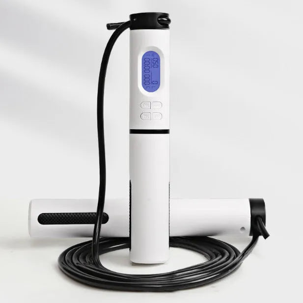 Smart counting skipping rope with PU cord, LED HD screen, calorie record, and 360-degree anti-wind rotation in black white, blue white, or pink white.