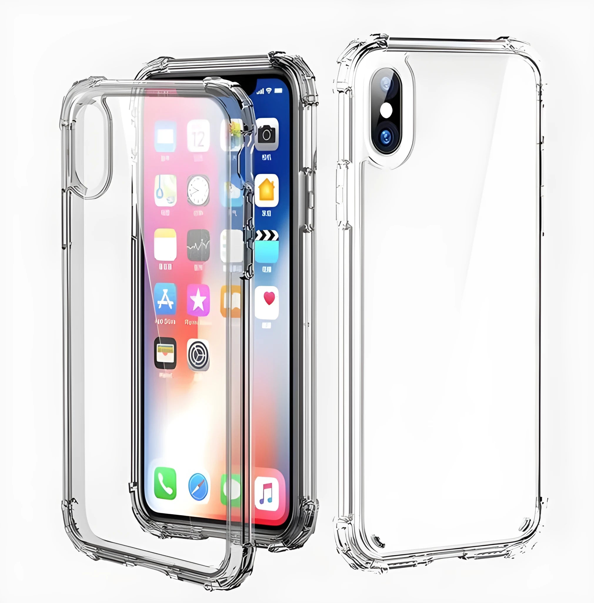 Transparent TPU shockproof mobile phone case for iPhone models on a plain background