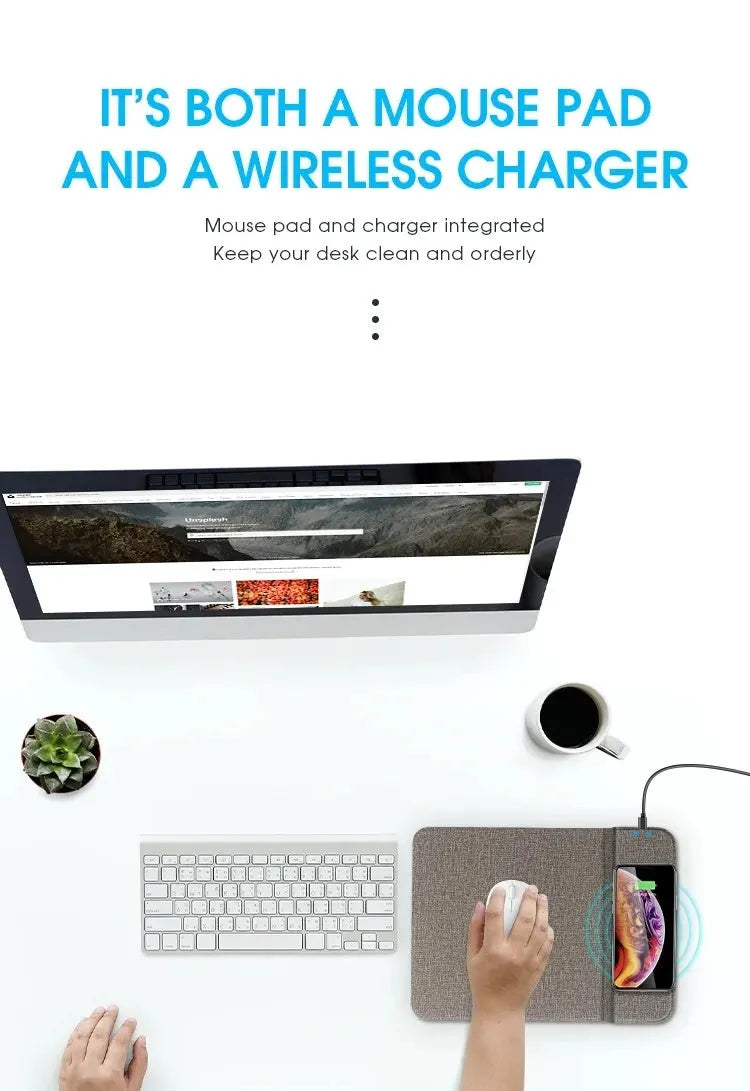 Foldable cloth wireless charging phone holder stand showing charging specs: 5W/10W, 8mm distance.