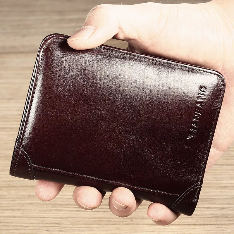 Men's leather wallet showing multiple internal compartments including photo position, card slots and banknote folder