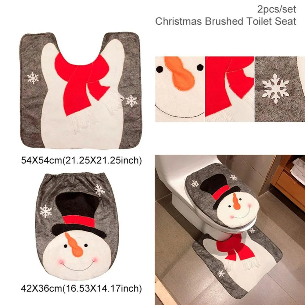Christmas bathroom set with Santa toilet cover, shower curtain and floor mat in flannel fabric