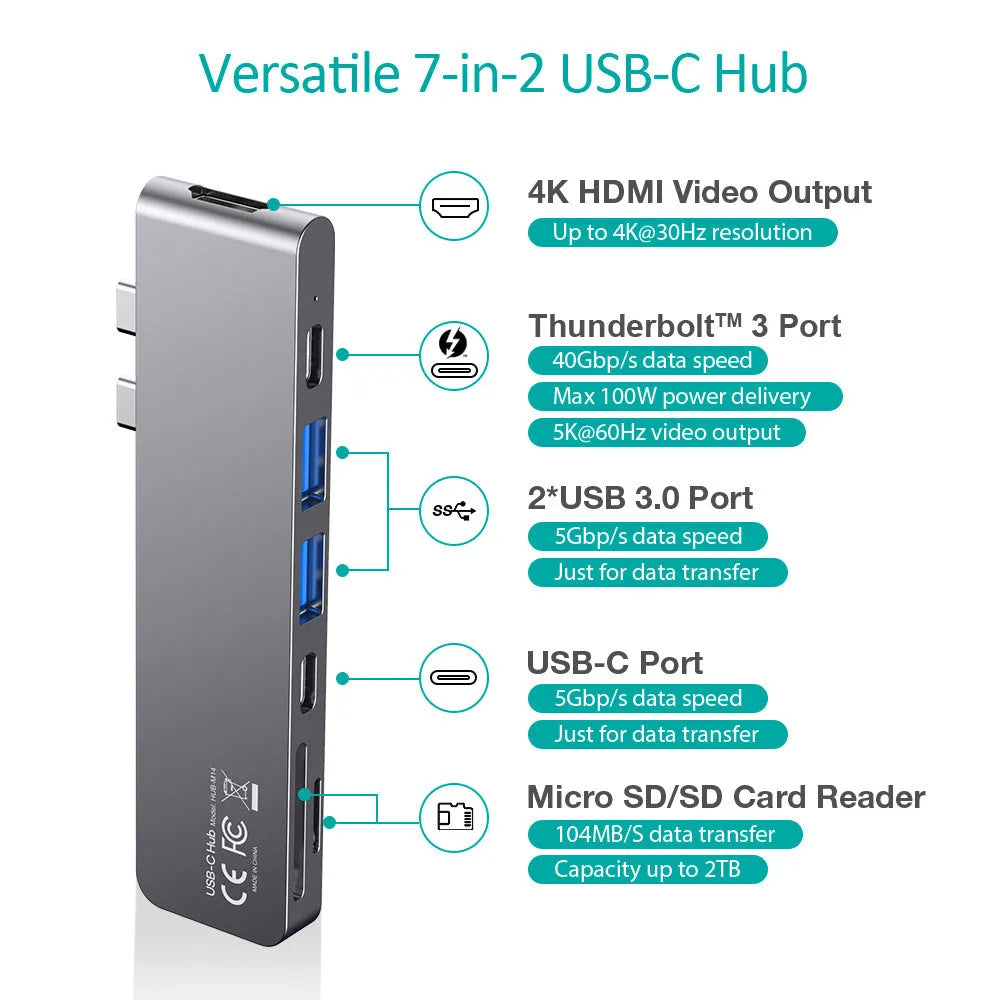 USB-C multi-port adapter with SD and Micro SD card reader slots and Thunderbolt 3 connection
