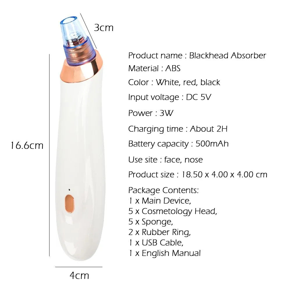 Handheld electric blackhead remover device in black with multiple nozzle attachments.