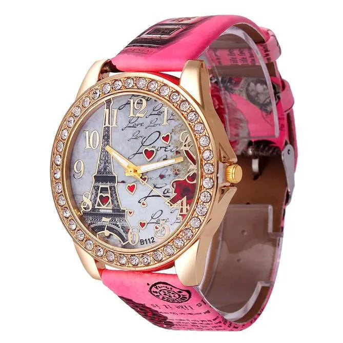Ladies quartz wristwatch with Eiffel Tower dial, PU leather strap, 40mm alloy case, six colours