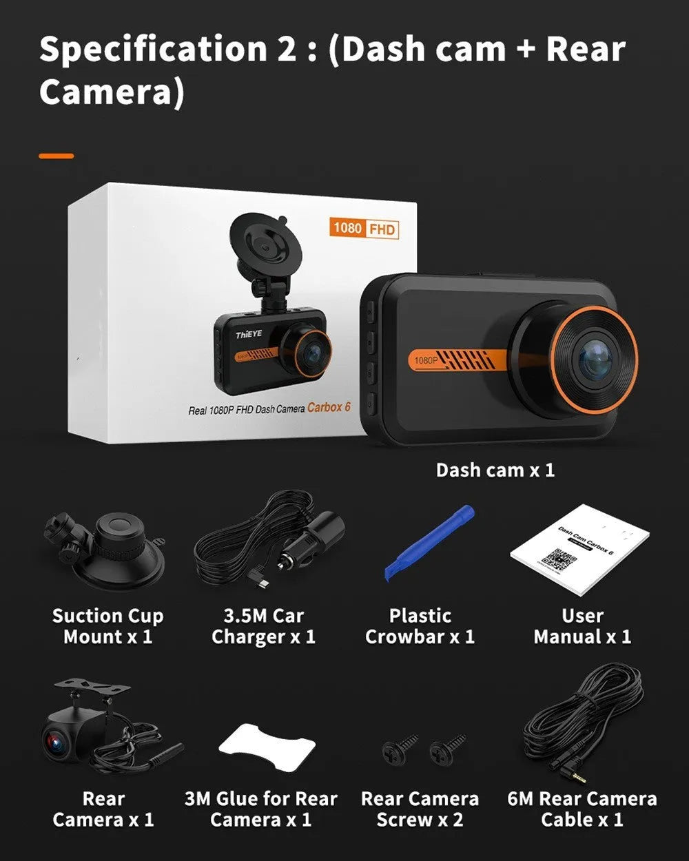 ThiEYE dual dash cam with front 1080P camera and rear 720P waterproof camera on car dashboard
