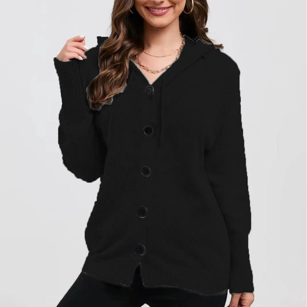 Women's solid colour hooded cardigan sweater in a loose fit, shown in one of six available colours.