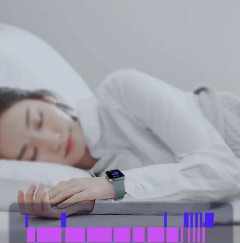 Smart watch with blue strap and 1.7-inch colour touch screen displaying time and heart rate.