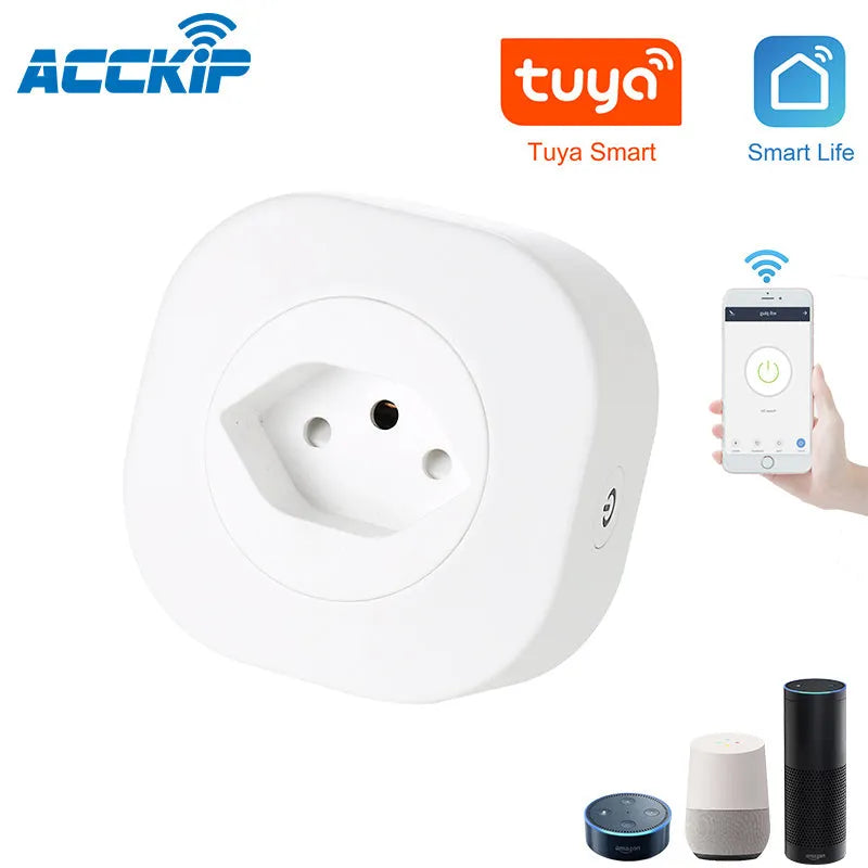 White smart socket plug with WiFi and voice control features showing EU plug configuration