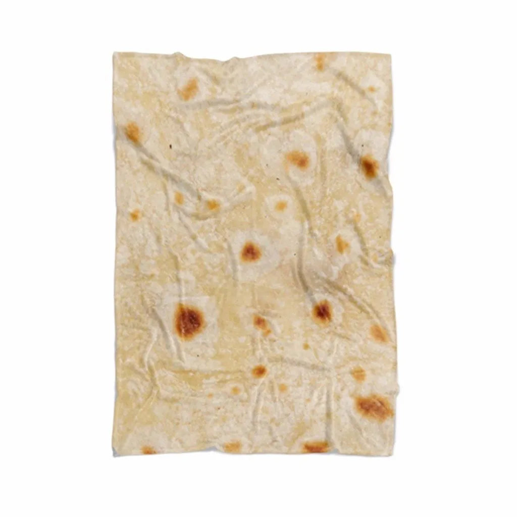 Round coral fleece burrito blanket with food print, shown wrapped.