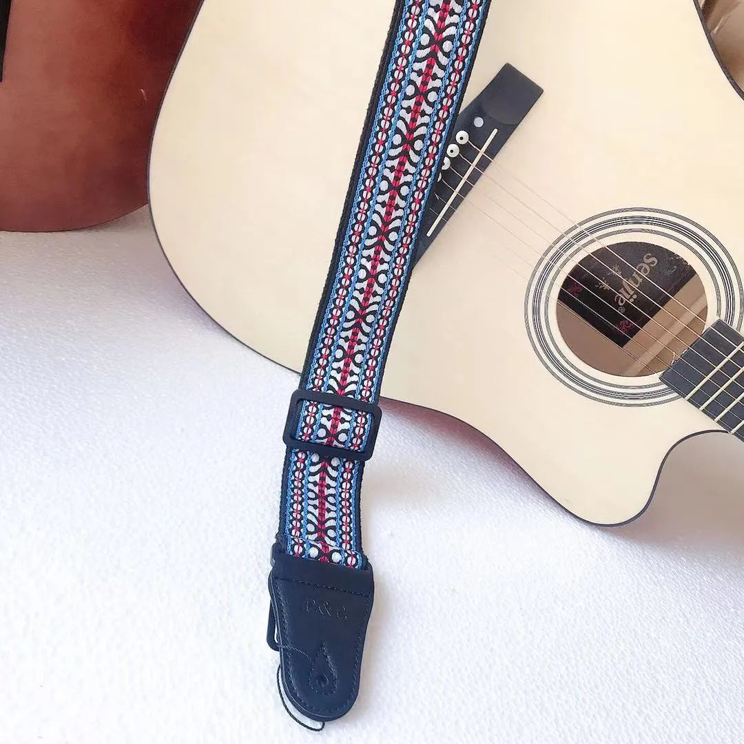 Adjustable embroidered guitar strap with thick webbing, 5cm width, 135-150cm length, six style options