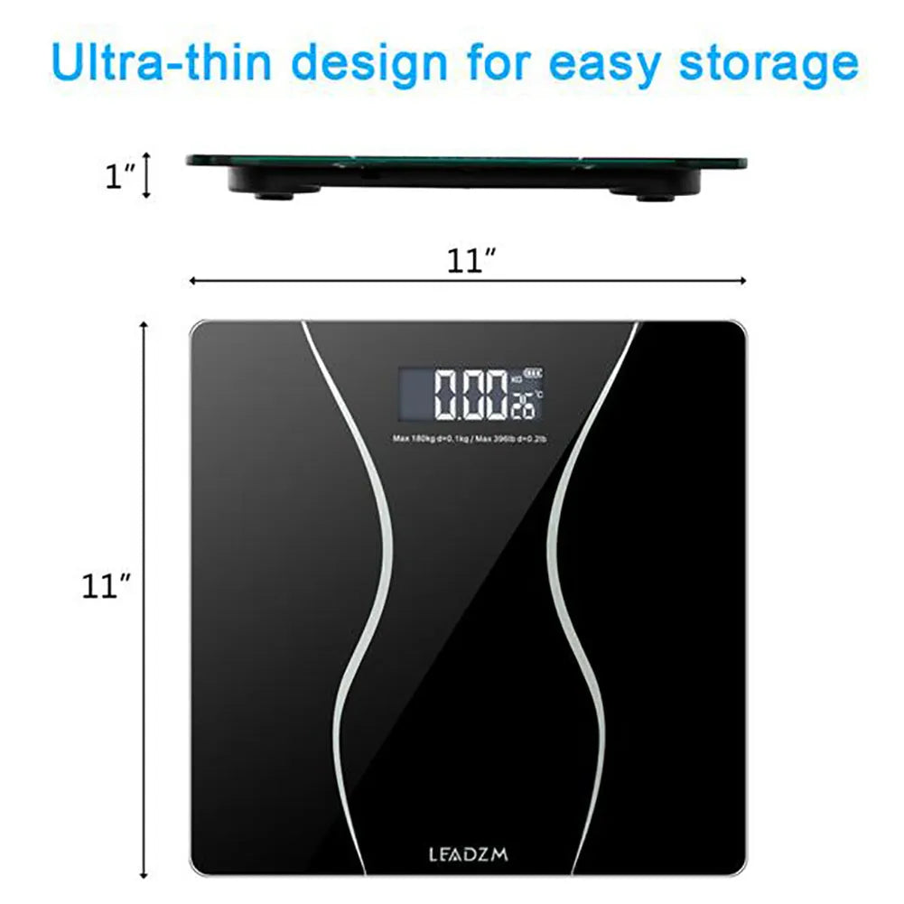 Black electronic body scale with digital display showing weight measurement up to 180KG