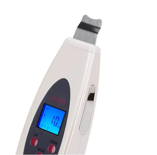 White ultrasonic skin cleaner with blackhead remover function, 28000Hz vibration, mild heating, ABS body, 1.75m cable.