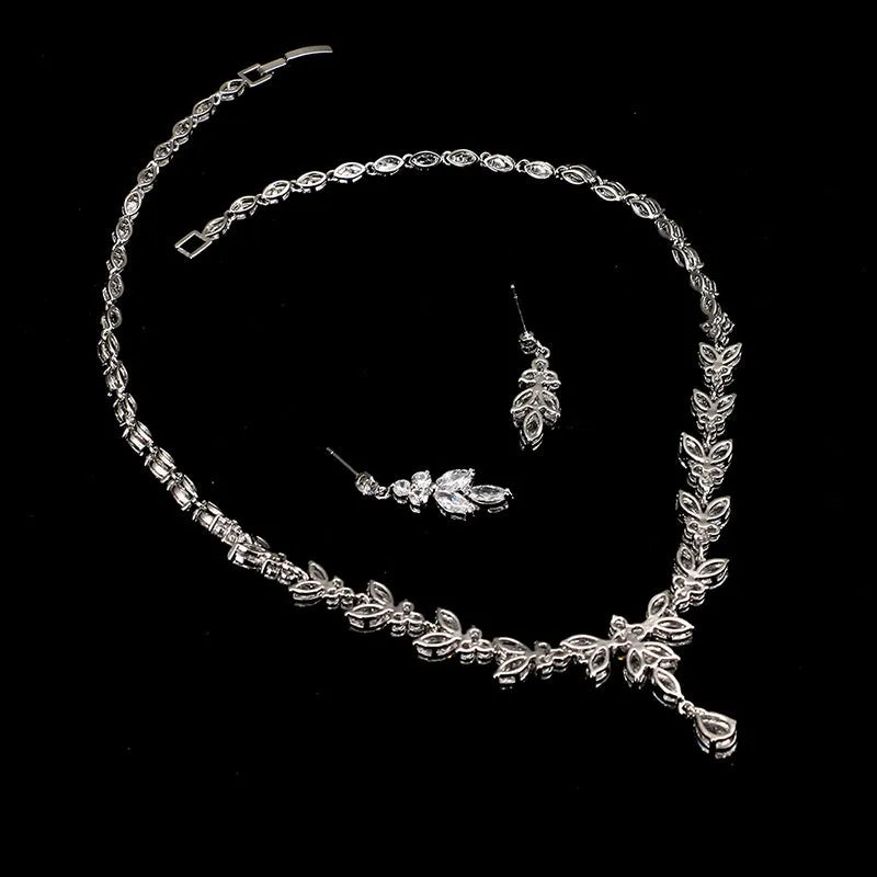Zircon simple bridal set with copper earrings, gold-plated inlaid stones, shown in Gold, Rose Gold, or Silver.