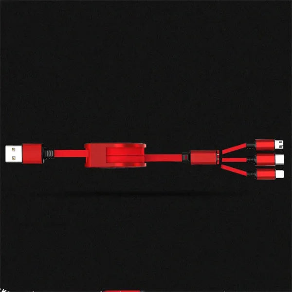 3 in 1 telescopic charging cable extended to show titanium alloy connectors and TPE wire body