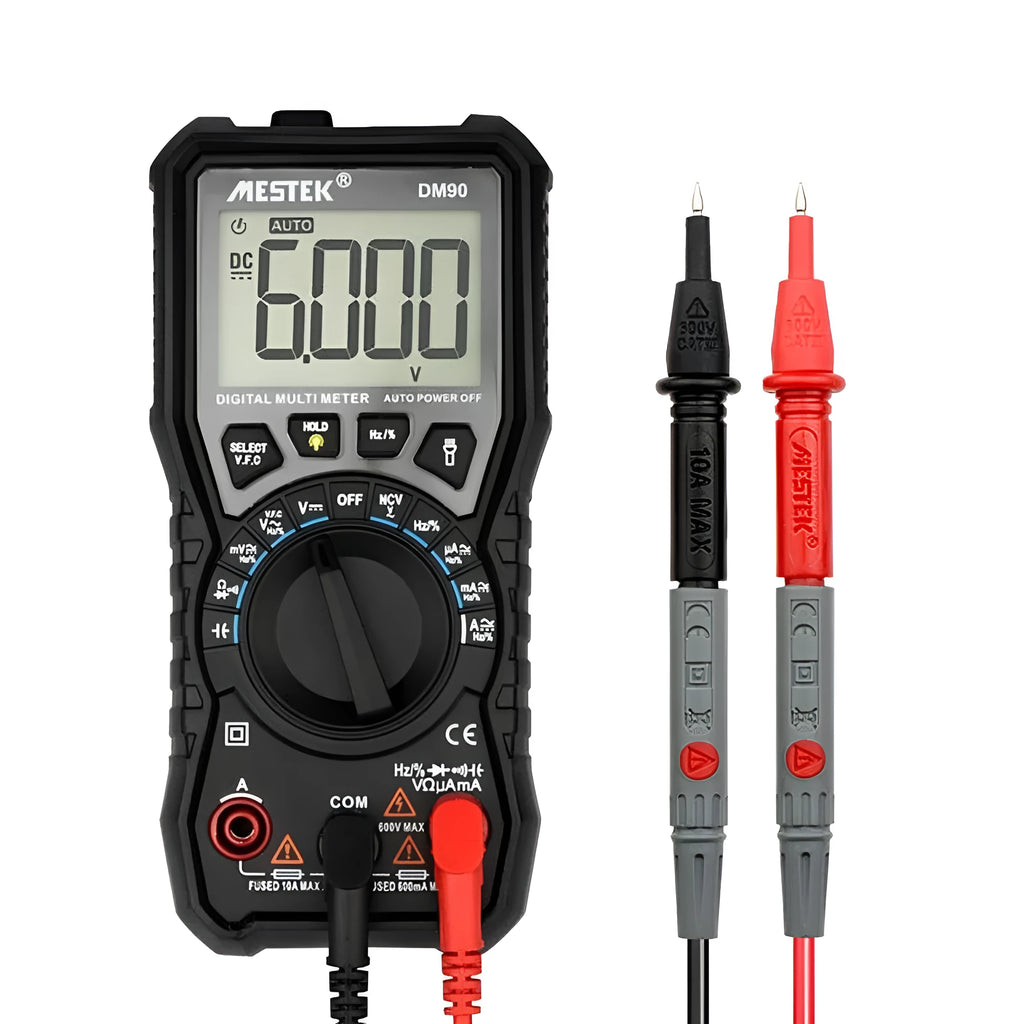DM90A digital multimeter with test leads showing 6000-count display and temperature measurement function
