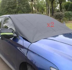 Car windshield snow cover in black and silver waterproof polyester taffeta, 210 x 120cm, with reflective night bar and four magnets.