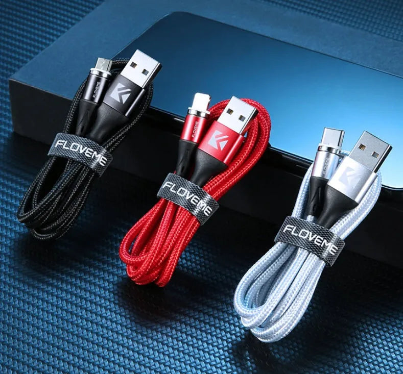 Magnetic charging cable with LED side lights in black colour, showing USB connector and magnetic phone attachment