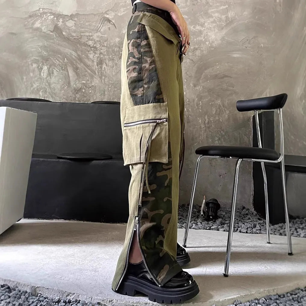 Dark khaki leopard print high waist jeans with fake stitching detail and straight leg cut