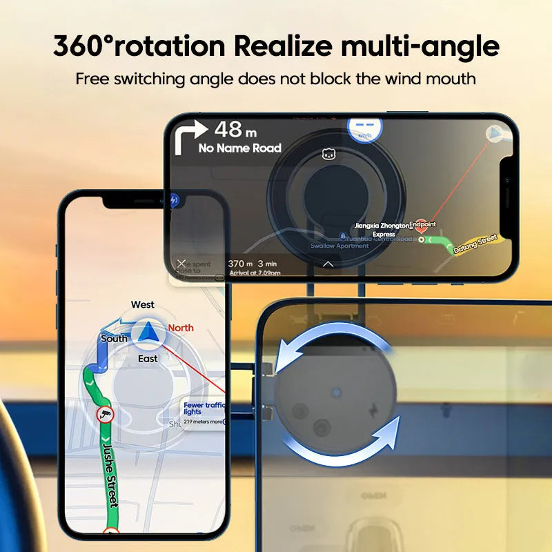 Telescopic folding car phone holder with magnetic suction base mounted on vehicle instrument panel