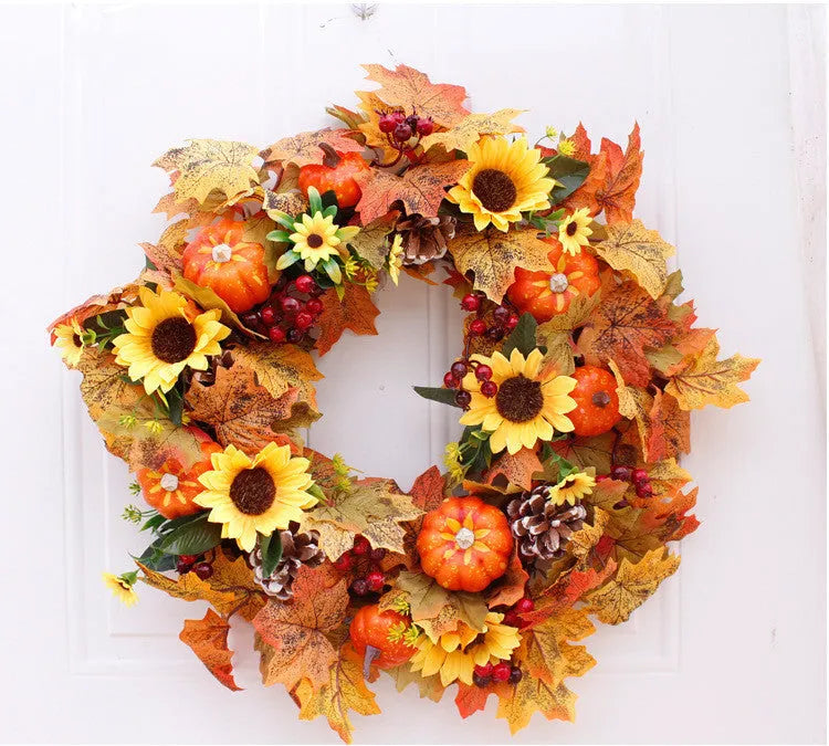 50cm autumn pumpkin wreath with fabric leaves, simulation pumpkins, berries and pine cones on a natural vine ring