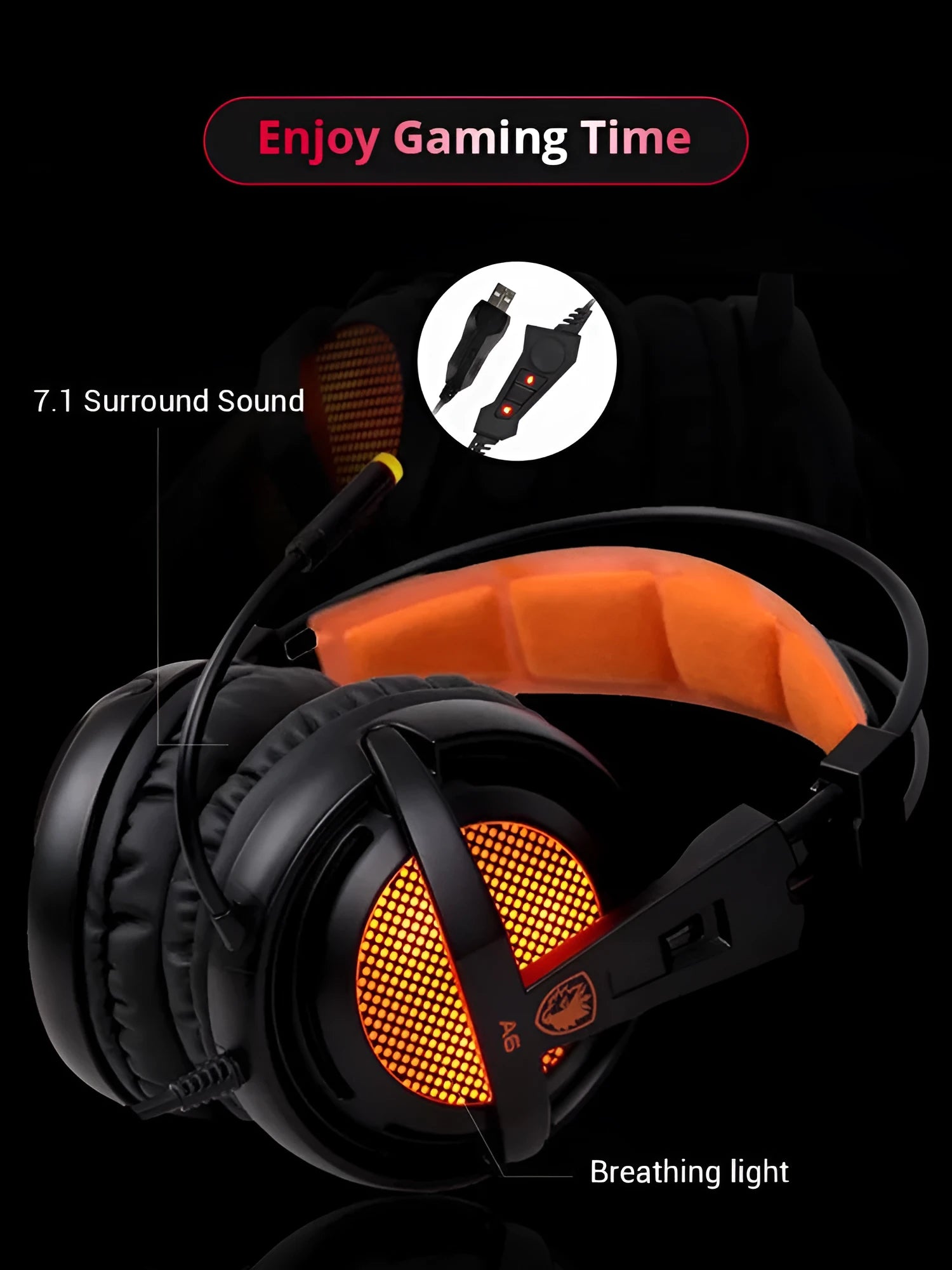 Black and white 7.1 channel USB gaming headset with LED lights, removable microphone, and padded headband