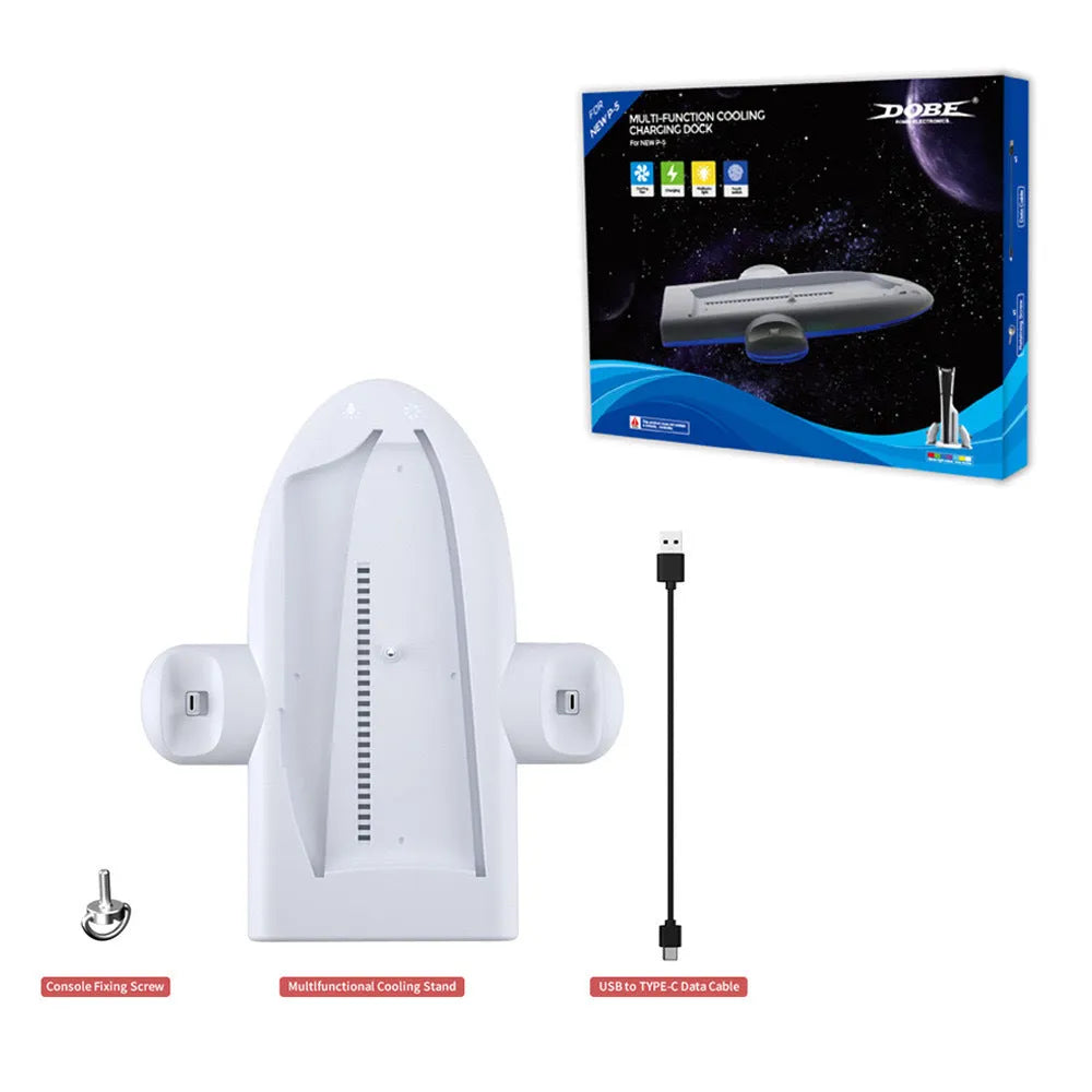 PS5 Slim charging dock station with cooling fan, RGB lighting, and controller charger holder