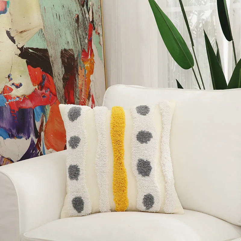 45x45cm cotton pillow with cotton velvet embroidery and tassels in grey, white, or yellow for home decor