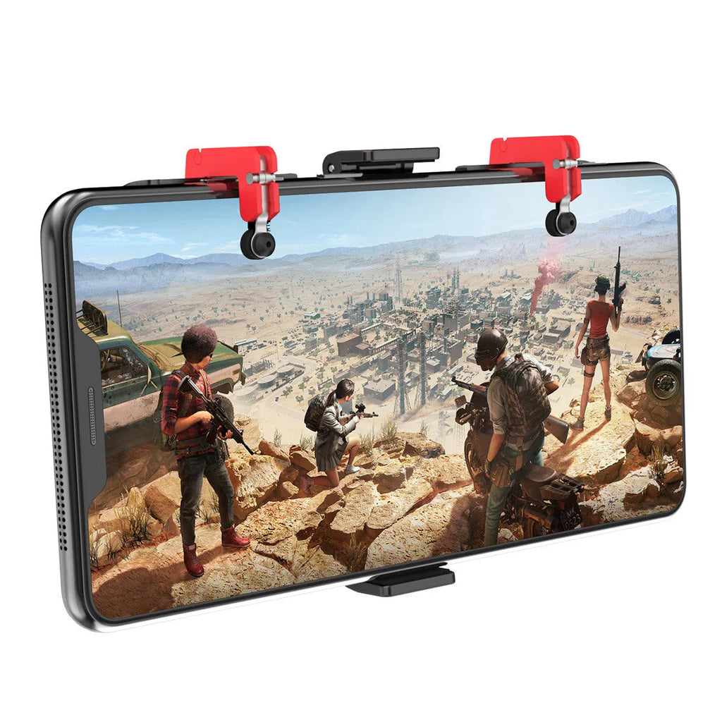 Black mobile phone gaming bracket with a magnetic trigger handle extended, showing adjustable phone clamp.