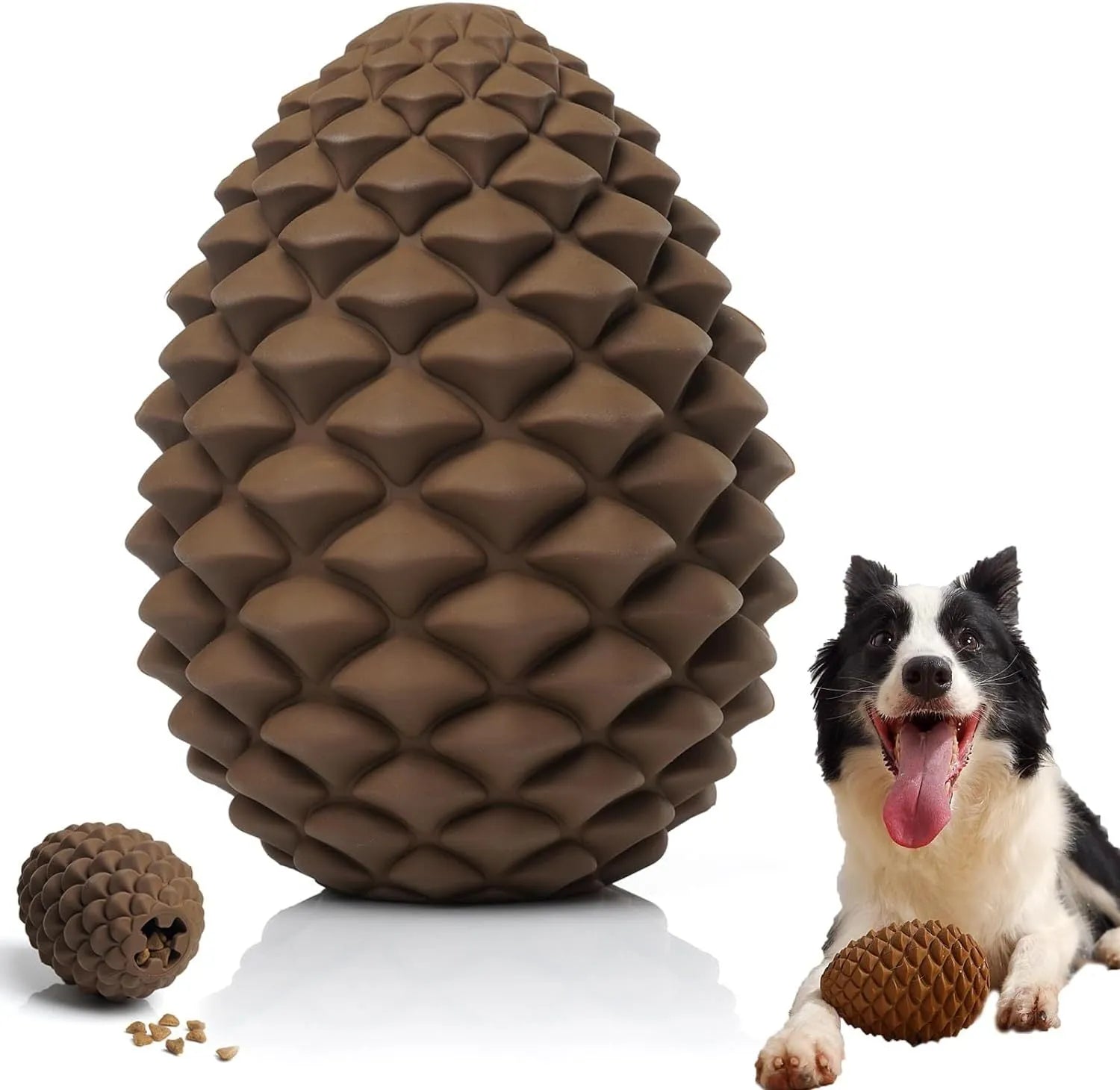 Yellow pine cone shaped natural rubber dog chew toy with treat dispenser