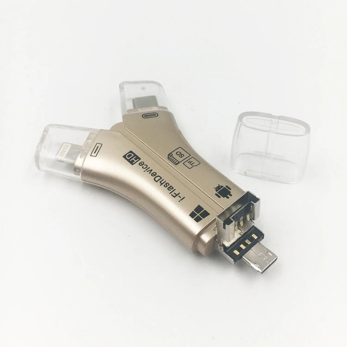 White 4-in-1 mobile phone card reader with Lightning, USB, Micro USB, and Type-C ports