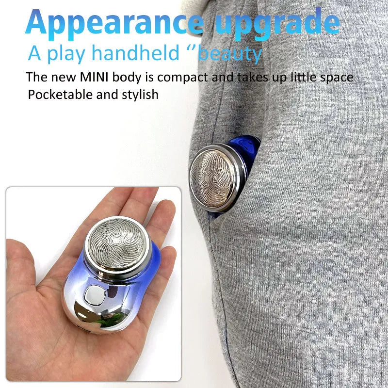 Mini portable USB electric shaver in silver with rotary head, aluminium body, and IPX7 wet and dry use