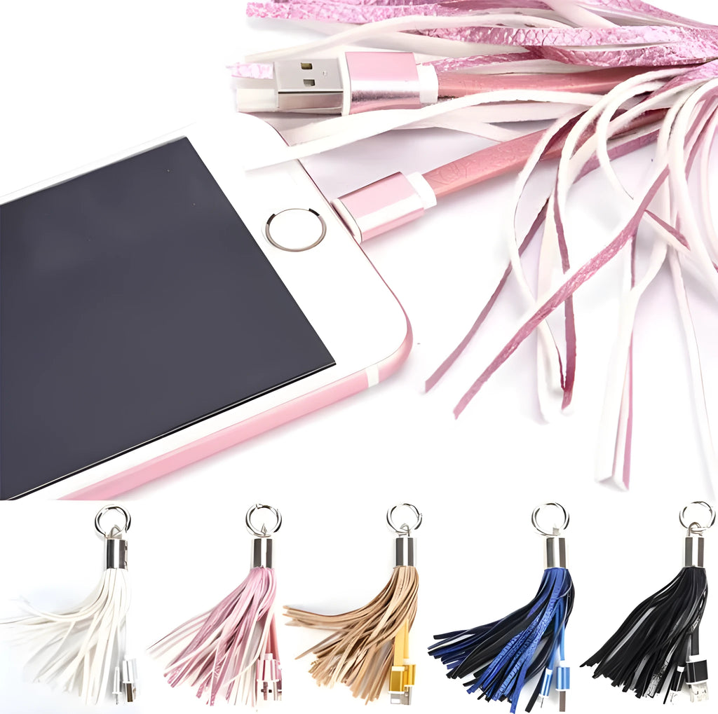 Tassel keychain data cable, 15cm, leather and metal, for iPhone, in Apple black or white