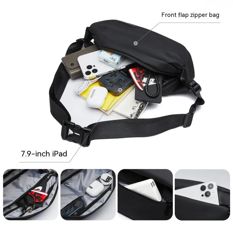 Black men's messenger bag made from Oxford cloth with cross-body strap and street trend design