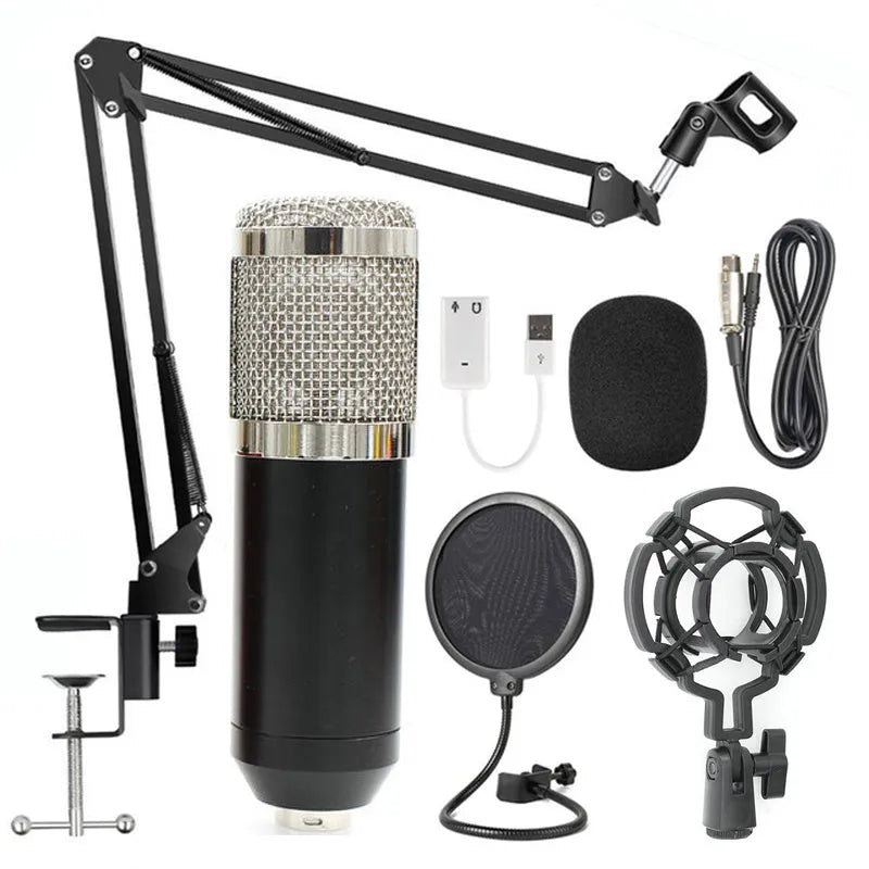 BM-800 condenser microphone stand set in various colours on a desktop