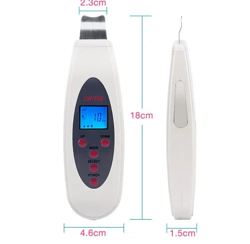 White ultrasonic skin cleaner with blackhead remover function, 28000Hz vibration, mild heating, ABS body, 1.75m cable.