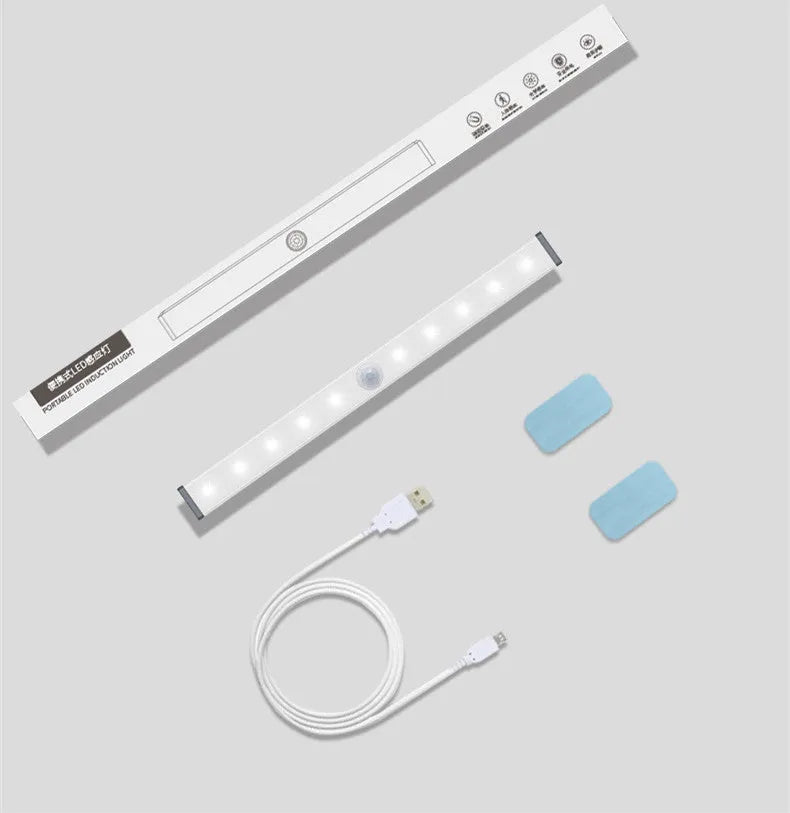 Silver aluminium LED motion sensor light with magnetic back for wardrobe and cupboard mounting.