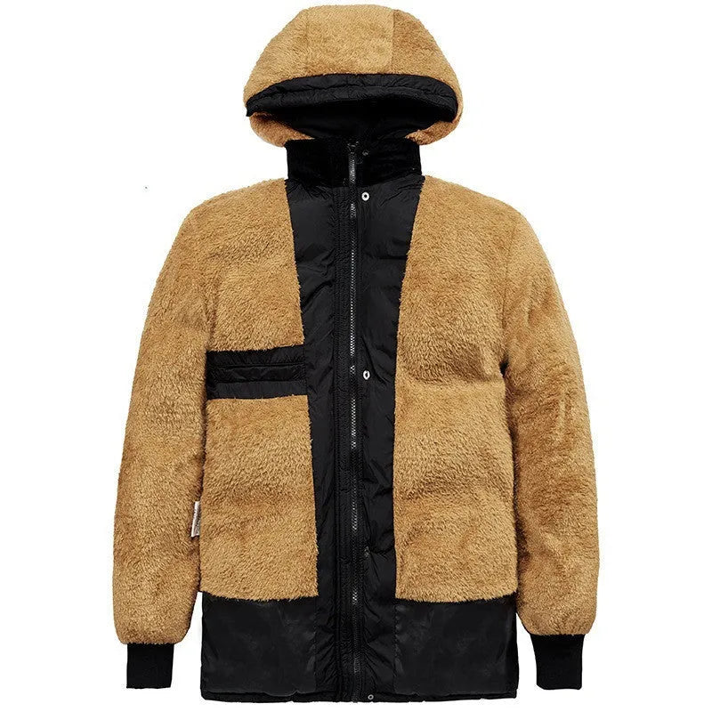Black men's velvet-lined padded winter jacket with hood and double-breasted closure
