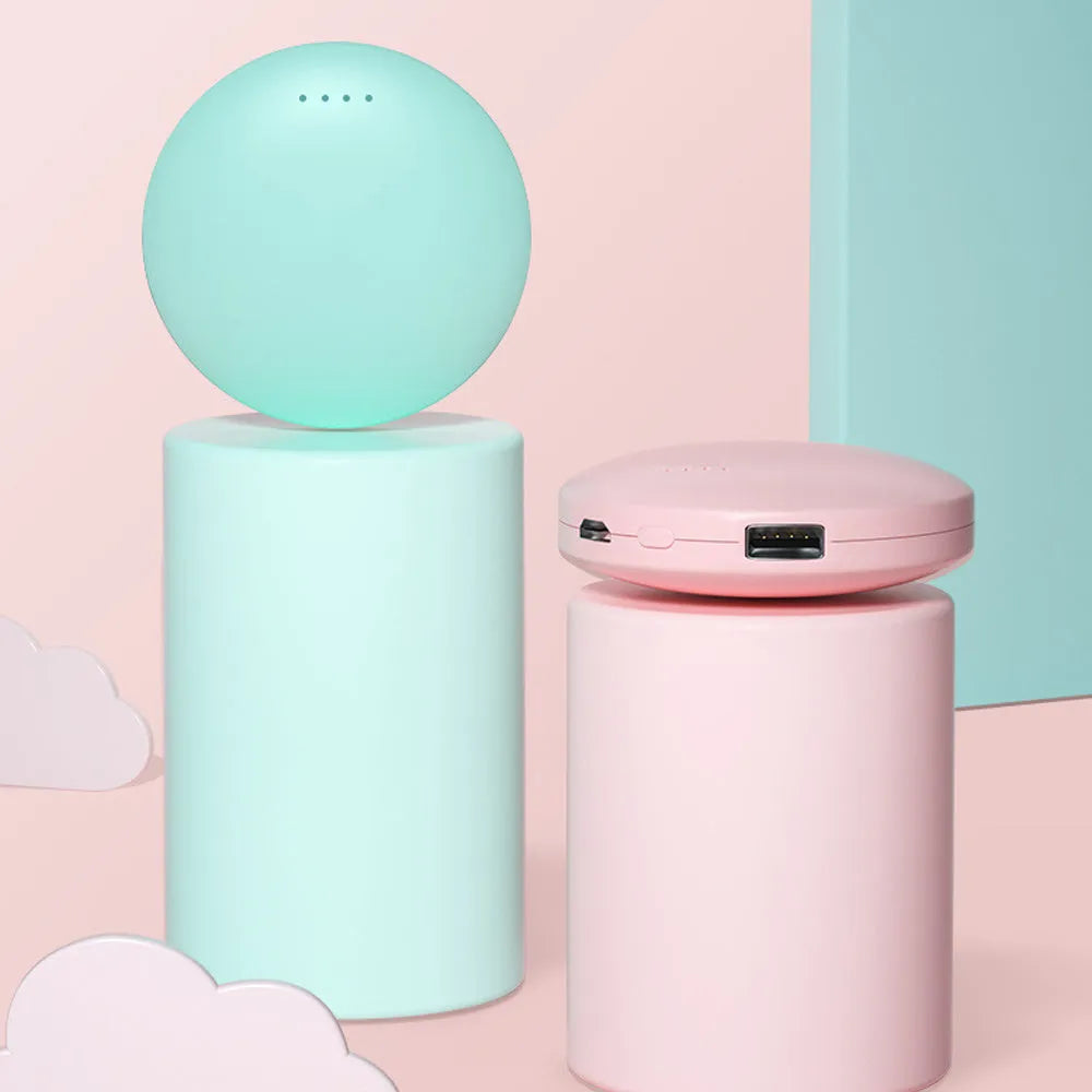 Mini USB hand warmer power bank in black, blue, pink or white, 3000mAh 18650 battery, 80x80x23mm