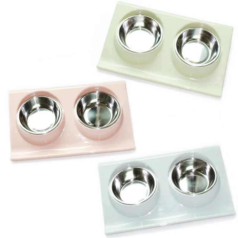 Stainless steel pet double bowl with PP raw material, medium 14.2 x 4 cm inner bowl, green pink blue options